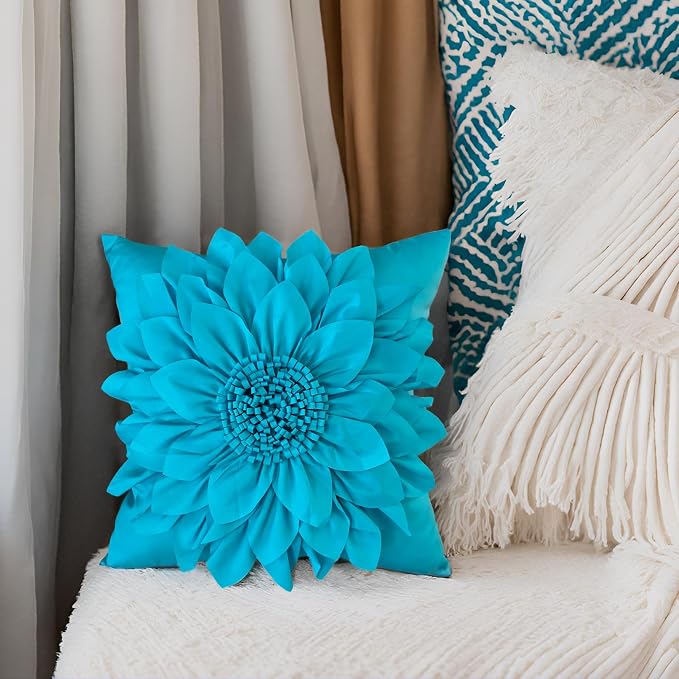 Teal Blue Accent Flower Decorative Throw Pillow Covers - Image 2