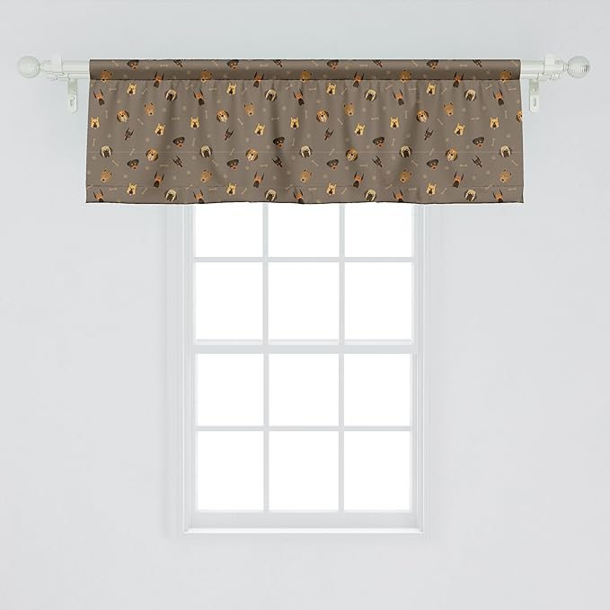 Ambesonne Dog Lover Window Valance Pack of 2, Repetitive Pattern of Pet Heads Paw Prints and Bones, Rod Pocket Curtain Valances for Kitchen Bedroom, 42" X 18", Taupe