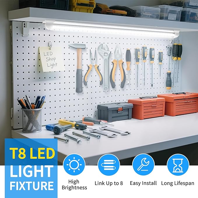 CNSUNWAY LED Shop Lights 2FT, 20W 5000K Daylight White Under Cabinet Lighting, V-Shaped Linkable T8 Tube Light Fixtures, Shop Light for Workbench, Kitchen, Workshop, ETL Listed(6 Pack)