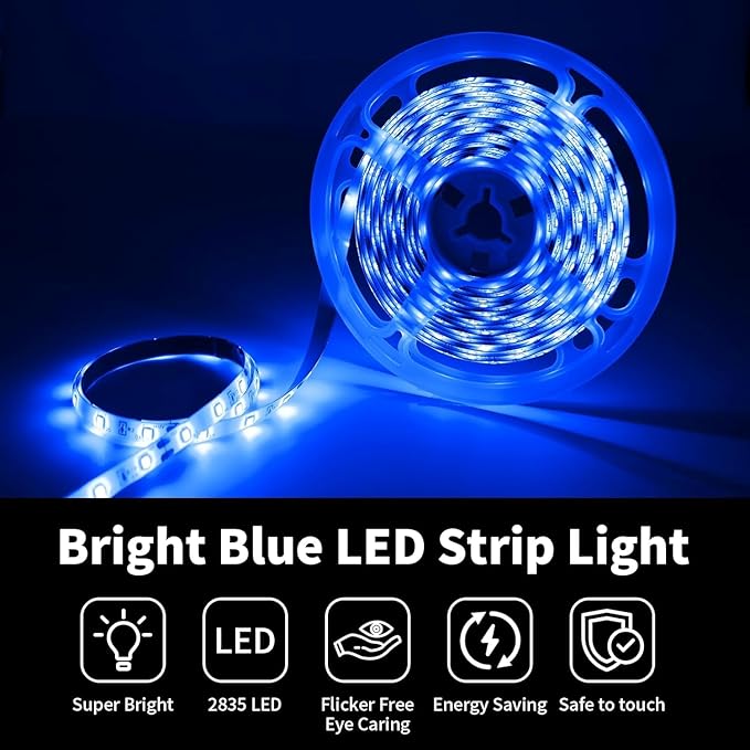 iNextStation Blue LED Strip Light, 16.4ft 5M 2835 SMD 300 LEDs 12V Flexible Cuttable LED Tape Light for Bedroom Kitchen Cabinet Wardrobe TV (Power Adapter Included)