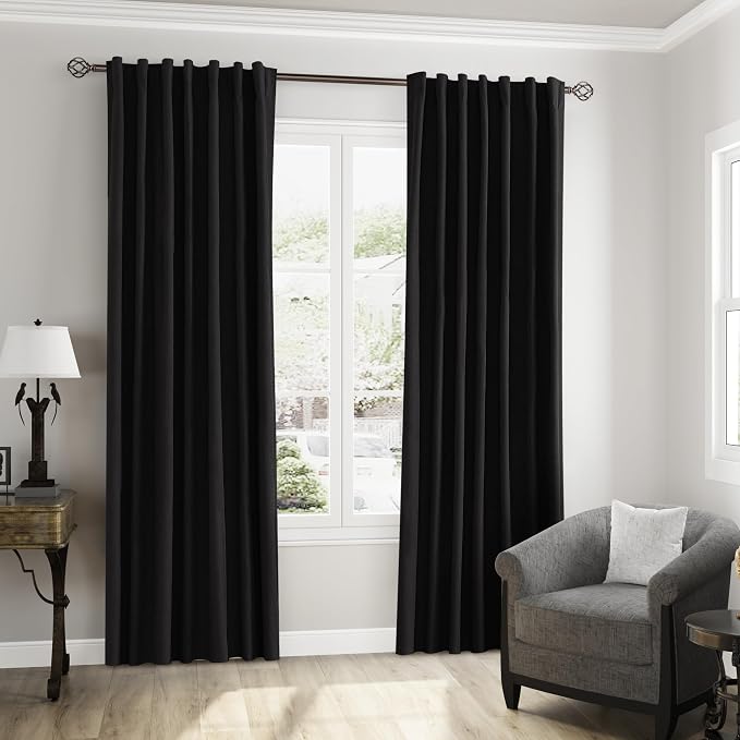 Black 100% Blackout Linen Curtains 63 Inch Length 2 Panels Set - Image 8