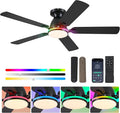 Ceiling Fans with Lights- 52" RGB Low Profile Indoor Ceiling Fan with Light and Remote/APP Control, Flush Mount, LED Dimmable DC Reversible Modern Ceiling Fan for Bedroom（Black）