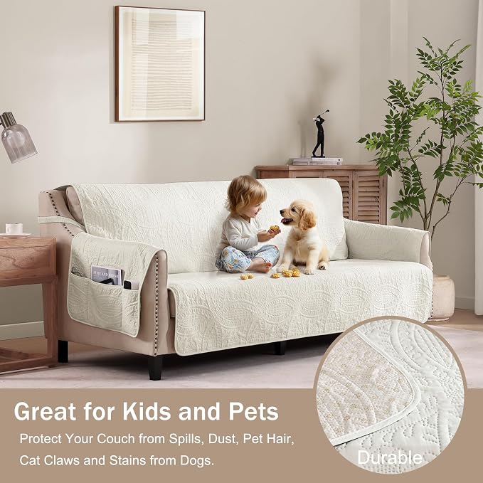 Quilted Sofa Slipcovers with Pockets, Anti-Slip Medallion Designed Couch Covers - Image 8