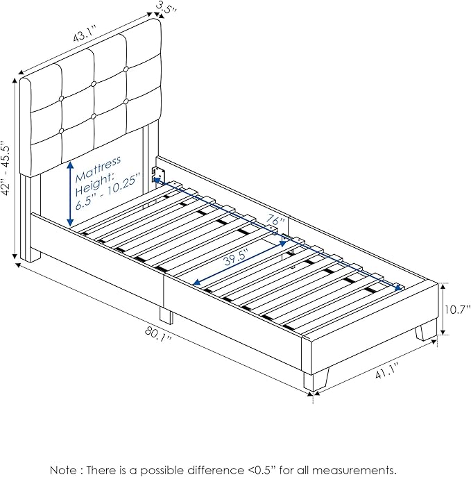 Furinno Laval Button Tufted Upholstered Platform Bed Frame, Twin, Linen