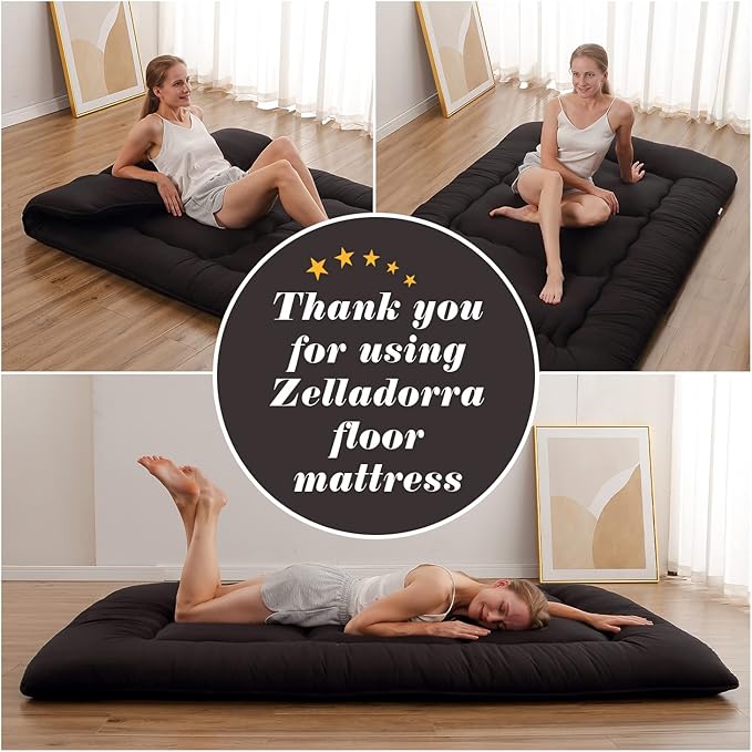 Japanese Floor Mattress, Futon Mattress with Portable Storage Bag and Washable Cover, Roll Up Thick Tatami Mat Suitable for Camping, Guest Room, Black, Queen
