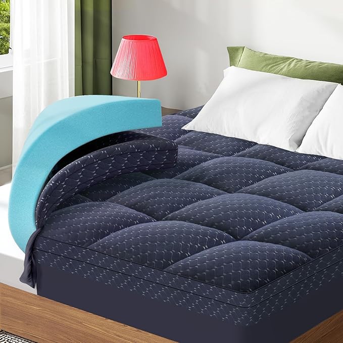 Dual Layer 3 Inch Memory Foam Mattress Topper King Size, 2 Inch Gel Memory Foam Plus 1 Inch Cooling Pillow Top Mattress Pad Cover, with 8-21 Inch Deep Pocket, Navy Blue