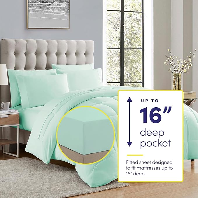Sweet Home Collection 7 Piece Comforter Set Bag Solid Color All Season Soft Down Alternative Blanket & Luxurious Microfiber Bed Sheets, Mint, Full