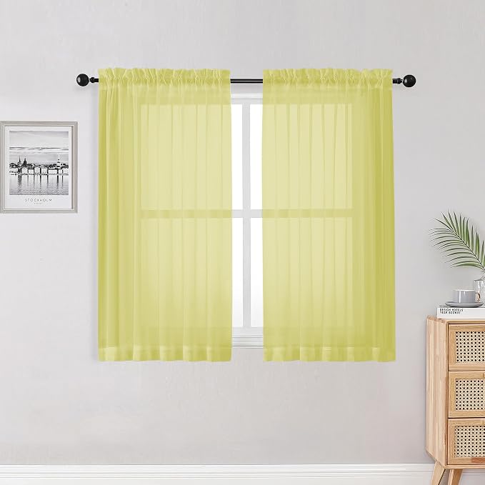 Lemon Kitchen Sheer Curtains for Bedroom Living Room 45 Inch Length, Soft Solid by OWENIE