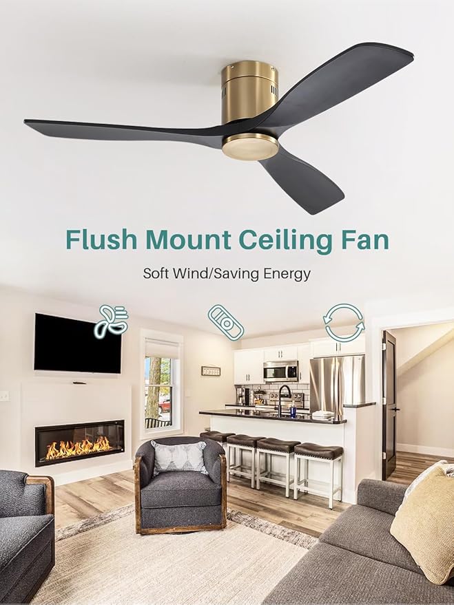 Sofucor 52 Inch Smart Ceiling Fan Without Lights Flush Mount Solid Wood Ceiling Fan with Alexa/Google Assistant/APP/Remote Control-Modern Outdoor Ceiling Fans No Light for Bedroom/Patio, Black Gold