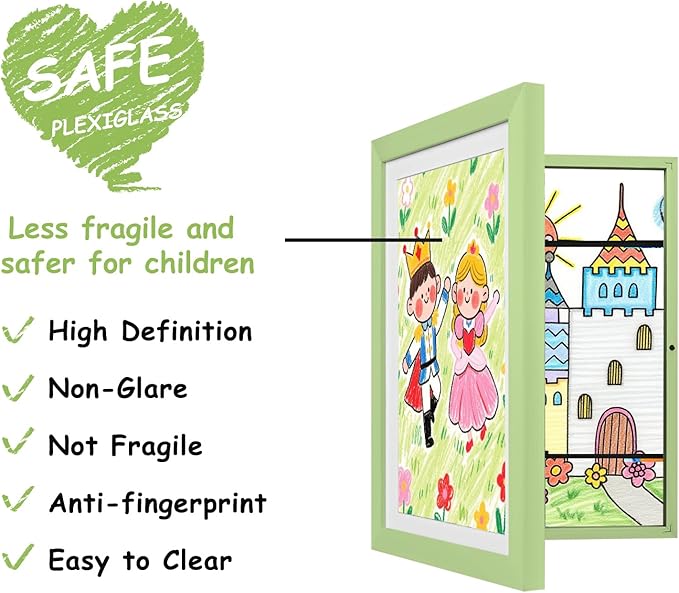 KINLINK 8.5x11 Kids Art Frames Set of 2, Solid Wood Kids Artwork Frames Changeable with Acrylic Front Opening Holds 150 Pictures, Art Frame for Kids Artwork with Mat or without Mat, Light Green