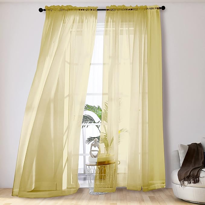 Mustard Yellow Sheer Curtains 108 Inches Long, Light Filtering Airy Transparent by OVZME