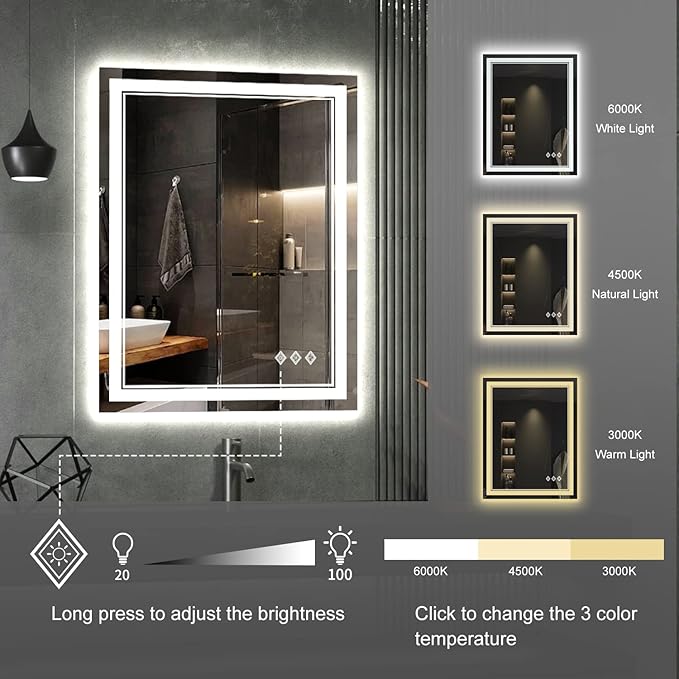 LED Bathroom Mirror, 24x32 Inch Gradient Front and Backlit LED Mirror for Bathroom, 3 Colors Dimmable CRI>90 Double Lights, IP54 Enhanced Anti-Fog, Hanging Plates Vanity Mirror with Lights