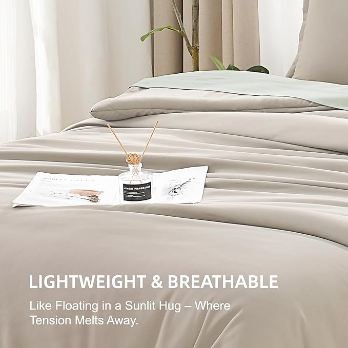Litanika Comforters Oatmeal Oversized King Size, 3 Pieces Lightweight Solid Bedding Comforter Set, All Season Fluffy Bed Set (120x98In Comforter & 2 Pillowcases)