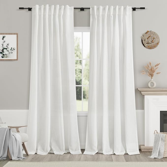 Off White Linen Blend Semi Sheer Curtains 86 Inches Long 2 Panel Set Pocket by Nanspring