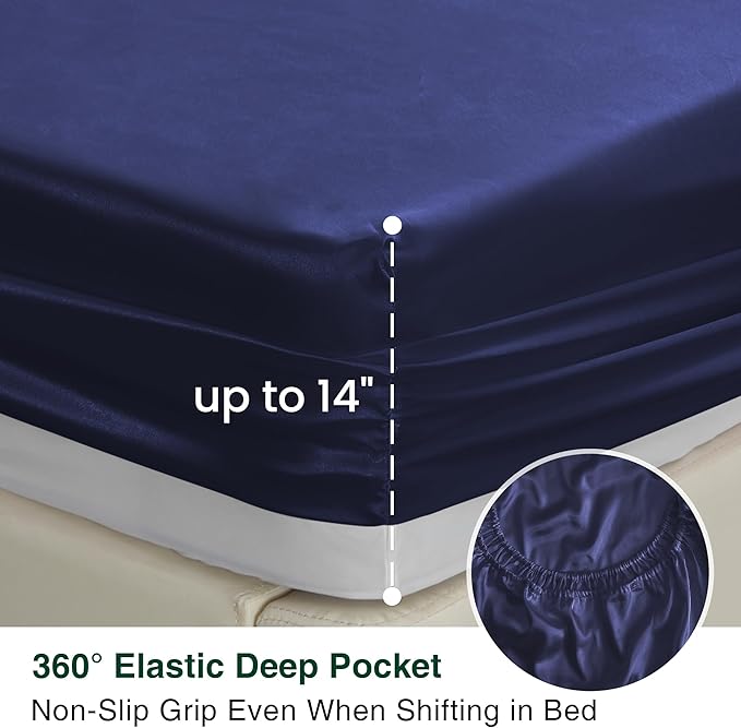 Love's cabin Satin Queen Sheets Set - 4 Piece Navy Blue Silky Bed Sheets with Deep Pocket, Luxury Silk Feel Satin Queen Size Sheet Set (1 Flat Sheet,1 Fitted Sheet,2 Pillow Cases)