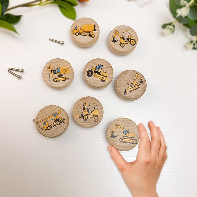 Set of 8 Wooden Construction Vehicle Digger Vehicle Theme Boys Bedroom Furniture Cabinet Dresser Drawer Knobs and Pulls 1.8 X 1.8 Inches