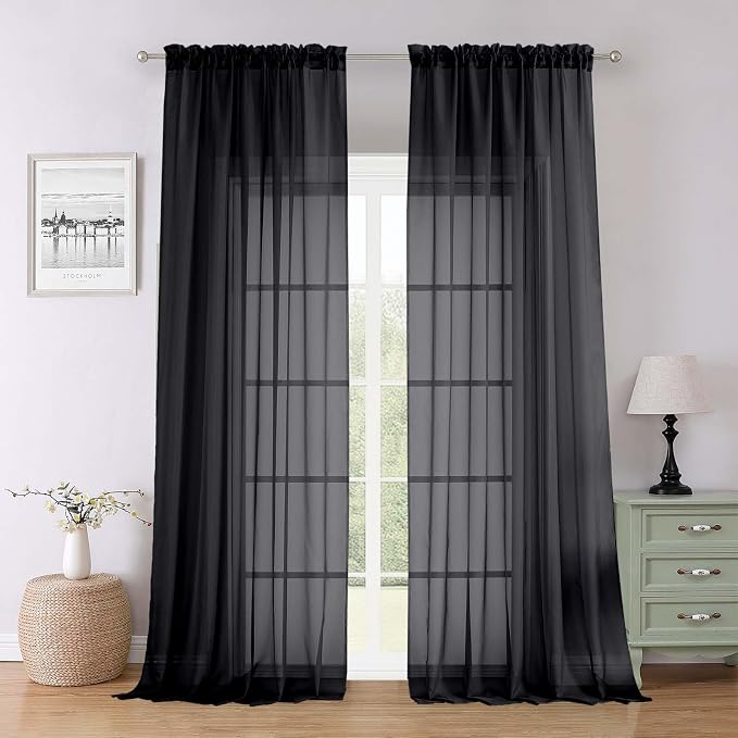 Black Sheer Curtains 96 Inches Long 2 Panels, Solid Airy Voile Dual Rod Pocket by Lecloud