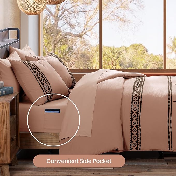 MaiRêve Embroidery King Size Comforter Set Dusty Pink, Boho Farmhouse Western Bedding Set 7 Pieces, All Season Bed in A Bag Comforter Set with Sheets, Pillowcases & Shams