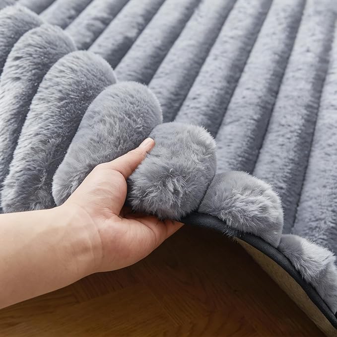 Blue Grey Rabbit Striped Plush Rug 2'x6', Fluffy Shaggy Area Rug - Image 3
