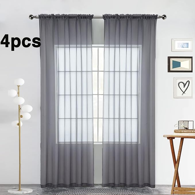 SpaceDresser Grey Sheer Curtains 4 Panels Rod Pocket Semi-Sheer Curtain 108 - Image 2