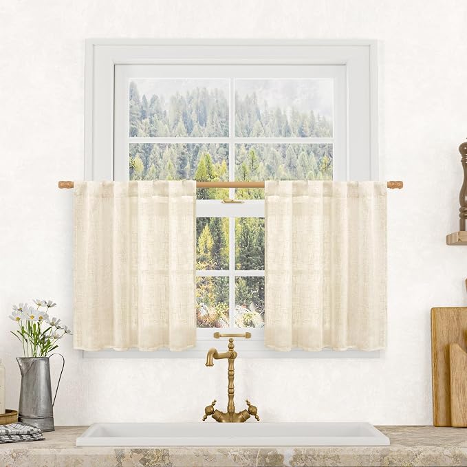Small Kitchen Linen Curtains 24 Inch Length 2 Panels 34 x 24 Inch | Beige by LAMIT