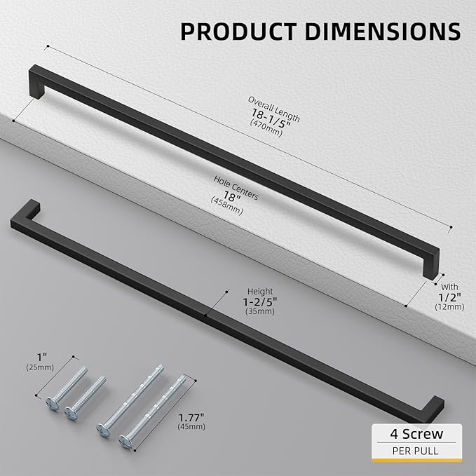 goldenwarm 100 Pack 18 Inch Black Cabinet Handles Matte Black Drawer Pulls Stainless Steel Cabinets Hardware Square Bar Modern for Kitchen Bathroom Cupboard