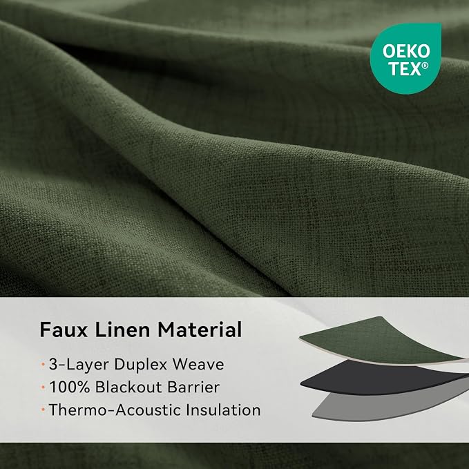 100% Blackout Linen Textured Curtains 84 Inch Long, Loden | 100% Blackout Shield - Image 4