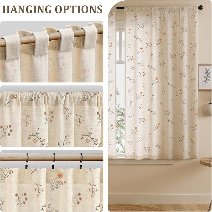 Floral Embroidered Light Filtering Curtains 63 Inch 2 Panels | Linen Blend - Image 5