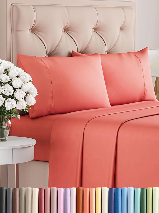 Twin 4 Piece Sheet Set - Comfy Breathable & Cooling - Ultra Soft Hotel Luxury Bedding Set with 8-16 Inch Deep Pockets - 1 Flat & 1 Fitted Sheet & 2 Pillowcases - Cozy, Wrinkle Free & Easy Care - Coral