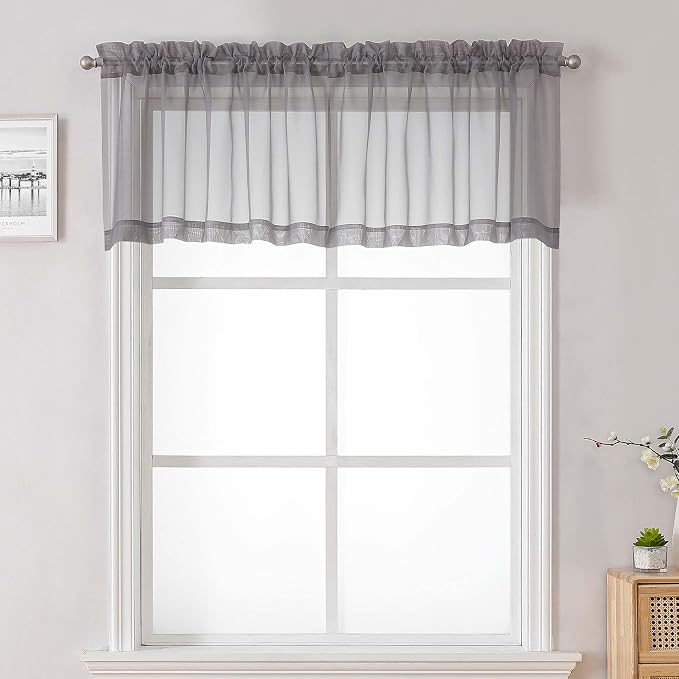 Charcoal Grey Sheer Valances for Windows 18 Inch Length 2 Pcs, Cafe Kitchen by Lecloud