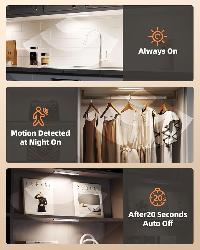 EZVALO 6-Pack Under Cabinet Lighting, 7.8" Wireless Closet Lights, 30 LED Rechargeable Motion Sensor Light, Dimmable, 3 Color Temperatures, Counter Lights for Kitchen, Pantry, Bedroom, Wardrobe
