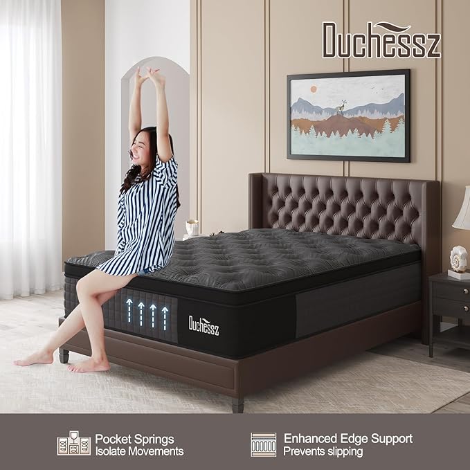 Queen Mattress, 12 Inch Hybrid Mattresses Black with Gel Memory Foam and Individually Pocket Innerspring Euro Top Medium Firm for Motion Isolation, Edge Support