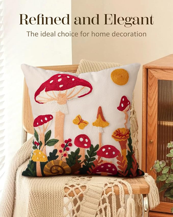 Embroidered Throw Pillow Cover 18x18 Inch, Mushroom Moon | Decorative Pillow - Image 5