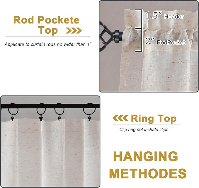 OWENIE Linen Blend Sheer Curtains 96 inch Long 2 Panels Set for Bedroom/Living Room, Natural Farmhouse Sheer Cutain Rod Pocket Farmhouse Drapes,2 Pcs Each 40" W x 96" L