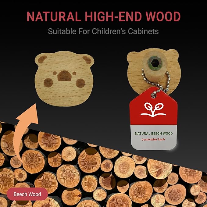 4PCS Wooden Pig Shaped Cabinet Knobs, Cabinet Handles, Single Hole Beech Wood Handles, Wood Hooks with Full Set of Screw Accessories