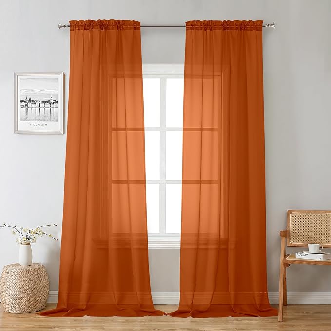 Orange Sheer Curtains 96 Inches Long 2 Panels, Light Filtering Voile Airy by Lecloud