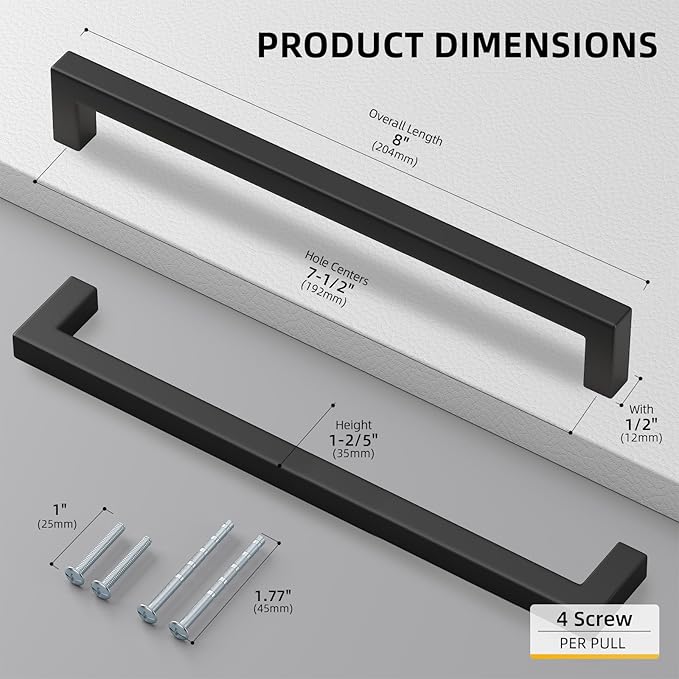 goldenwarm 35 Pack 7-1/2 Inch Black Cabinet Handles Matte Black Drawer Pulls Stainless Steel Cabinets Hardware Square Bar Modern for Kitchen Bathroom Cupboard