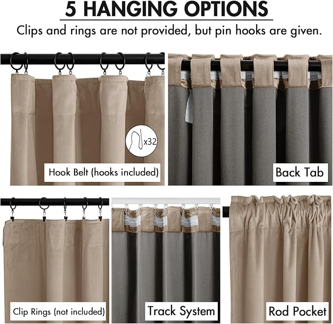 MIULEE Velvet Curtains 50W x 108L 2 Panels Camel Beige Blackout Curtains | - Image 2