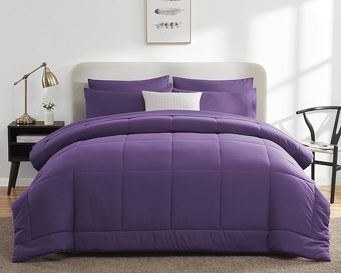 CozyLux Queen Comforter Set Purple, 7 Pieces Bed in a Bag, Purple Comforter Queen Size, All Season Bedding Sets with Stitch Quilted Comforter, Flat Sheet, Fitted Sheet, Pillowcases