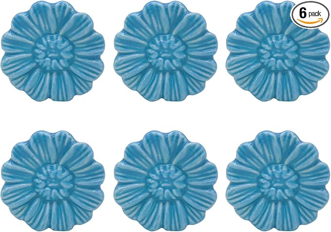 6PCS Vintage Floral Daisy Ceramic Dresser Drawer Knobs Elegant Cabinet Cupboard Door Hardware Pull Handles w/Screws Aqua Blue