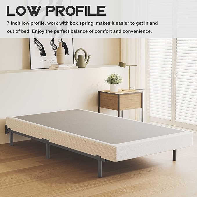 Twin XL Size Bed Frame, 7 Inch Metal Basics Bed Frame,Low Profile Base for Box Spring, 6-Leg Support, Noise-Free, Easy Assembly, Black
