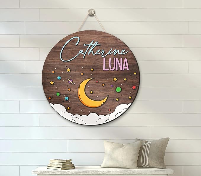 Custom Moon Star Wooden Nursery Name Sign, Personalized Space Baby Name Sign, Baby Shower Gifts for Boy Girl Birthday Presents for Kids, Kids Name Sign, Baby Sign for Bedroom Decor