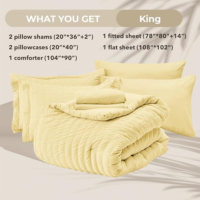 HYMOKEGE Yellow King Size Comforter Set Seersucker 7 Pieces, All Season Luxury Bed in a Bag for Bedroom, Bedding Set with Comforter, Sheets, Pillowcases & Shams