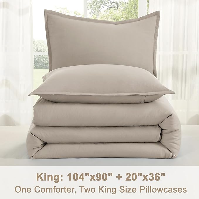 Litanika Oatmeal Comforter King Size, 3 Pieces Lightweight Solid Bedding Comforter Set, All Season Fluffy Bed Set