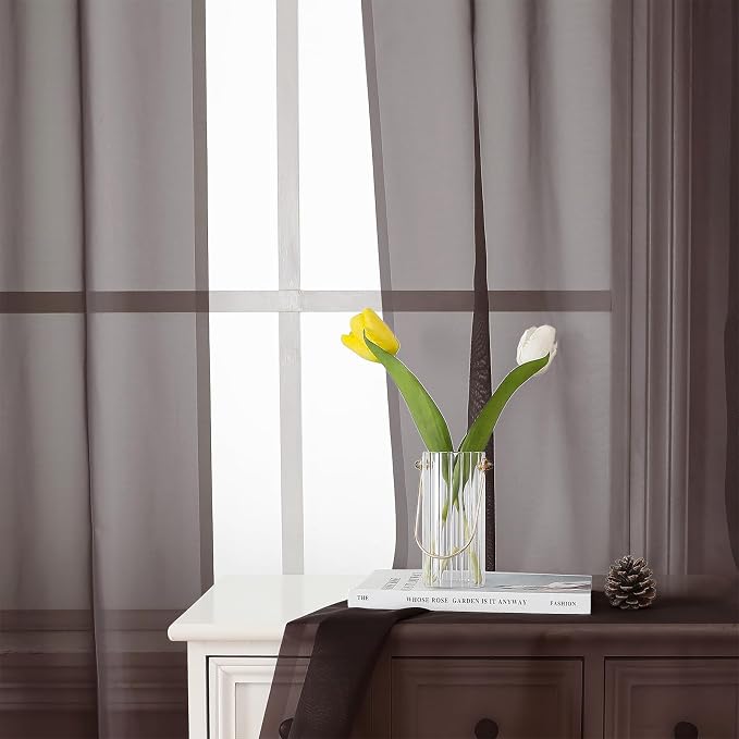 Sheer Curtains 45 Inch Length 2 Panels Set, Chocolate Solid Voile Rod Pocket - Image 9