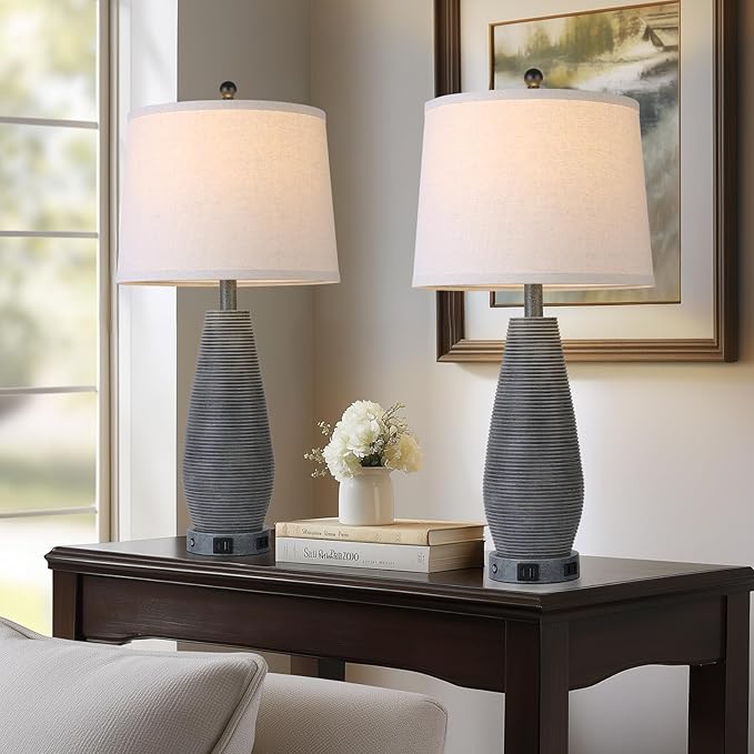 Farmhouse Table Lamps Set of 2 with USB C+A Ports and AC Outlet, 3 Way Touch Rustic Bedside Lamps for Living Room, 26.5" Grey Vintage Lamps for Bedroom Nightstand