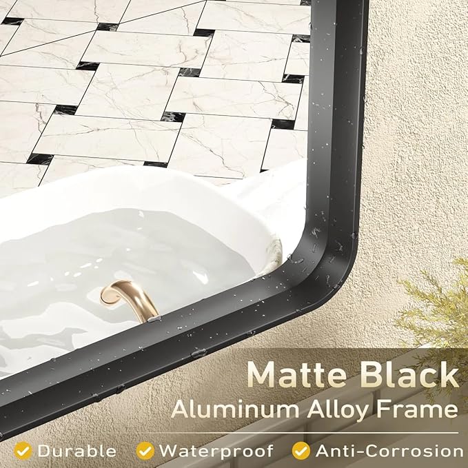 30x36 Black Matte Bathroom Mirror, Rectangle Framed Vanity Mirror for Wall, Rounded Corner, Anti-Rust, Shatterproof (Horizontally/Vertically)