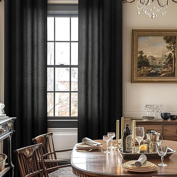 YoungsTex Black Linen Semi Sheer Curtains 42 x 63 Inch Length 2 Panels | Light - Image 4