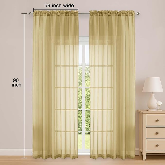 Gold Sheer Curtain 90 Inches Long 2 Panels Set, Solid Filmy Drapes - Image 2
