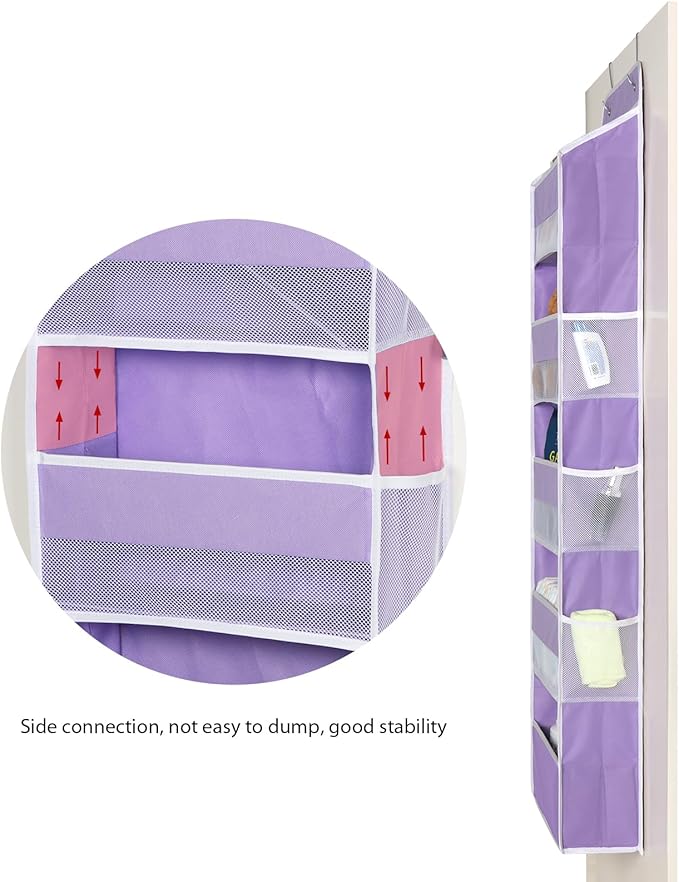 Univivi 5-Shelf Over The Door Hanging Organizer, Back of Door Organizer with 5 Compartments 6 Side Pockets for Baby Bedroom and Bathroom Storage (Purple)